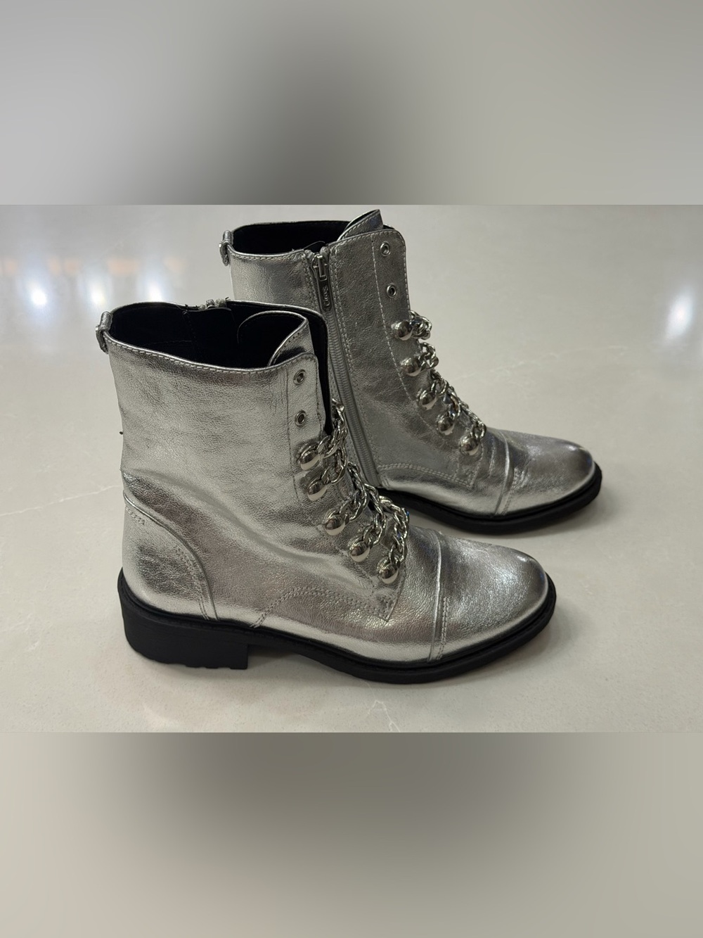 Circus by Sam Edelman Silver Metallic Dacey Chain Combat Boots 7.5